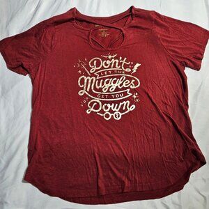 Harry Potter "Don't Let The Muggles Get You Down" Red Crisscross Neck T-Shirt XL